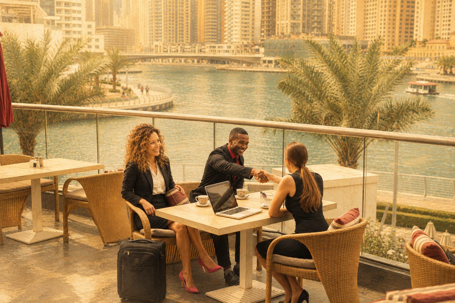Professionals meeting over a laptop at a sunny waterfront—putting smart, AI-supported business systems to work.