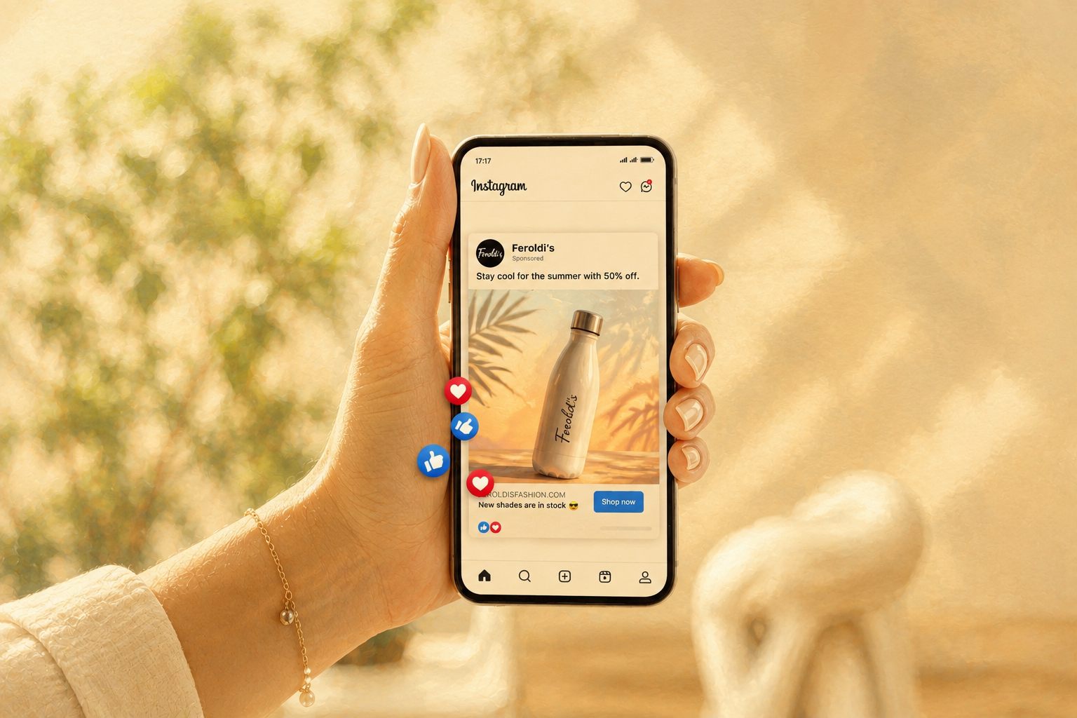 A phone showing a sponsored Instagram ad for a water bottle brand—an example of digital advertising.