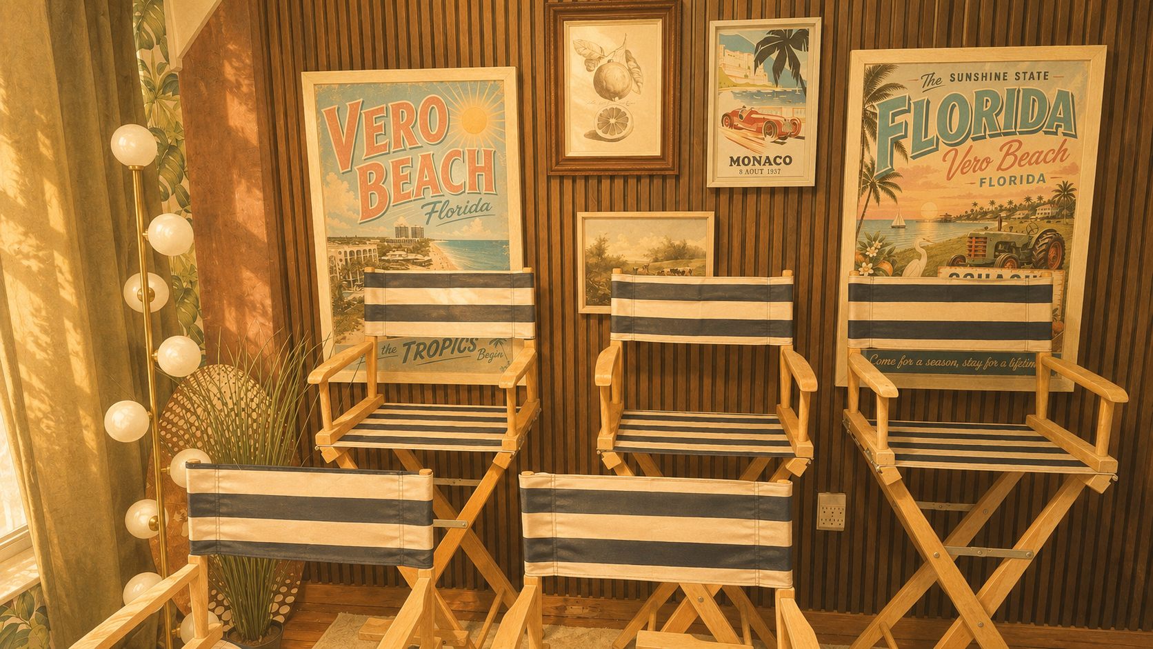 Director's chairs on the Executive Content Studio set at golden hour, framed by vintage Vero Beach and Florida travel posters.