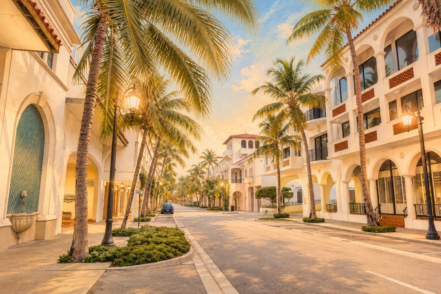 Palm-lined luxury street of Mediterranean-style storefronts at golden hour, evoking premium Florida commerce.